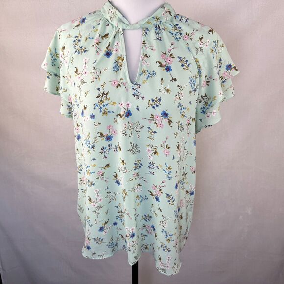 Pleione Tops - Pleione Top Sz L Sheer Green Floral Tie Around Neck Flutter Short Sleeve